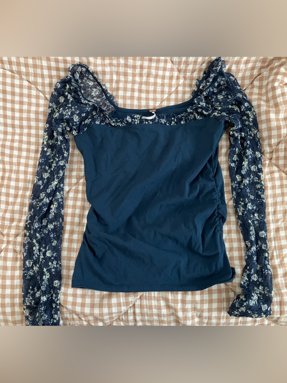 Free People Navy Blouse with Floral Sheer Sleeves